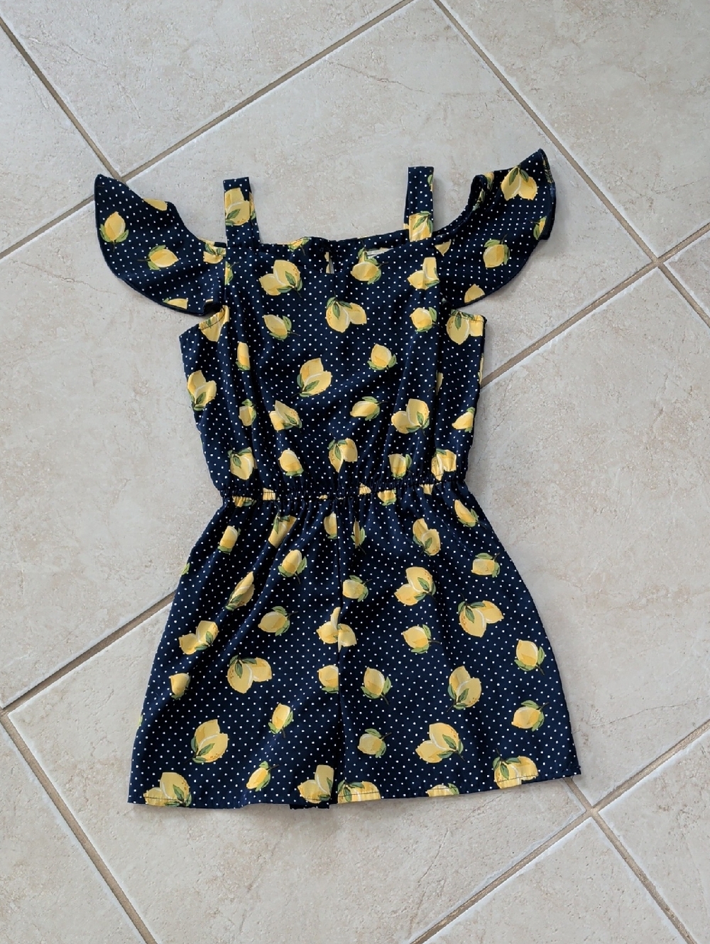 Lily Bleu Girls Size 10 Navy Blue Polka Dot Lemon Print Romper